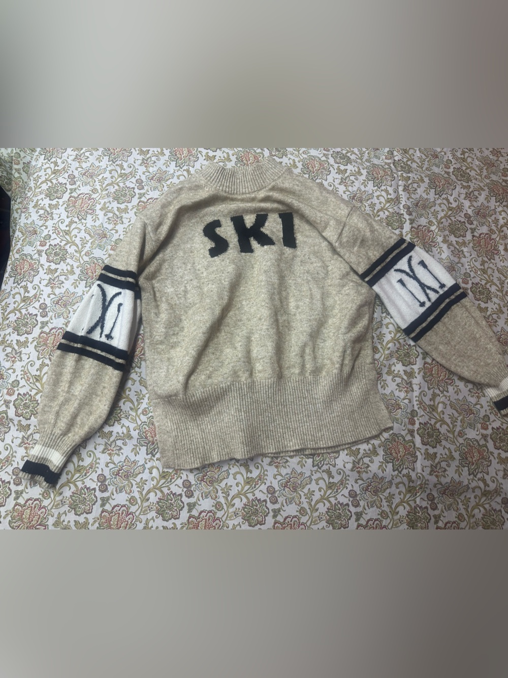 Lou & Grey Beige Knit Turtleneck Sweater with Black Ski Graphic